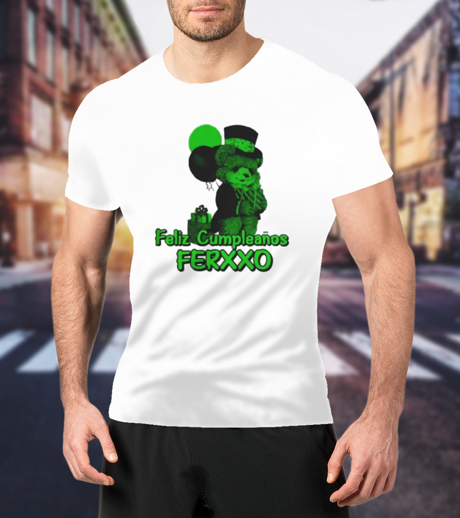 Feliz Cumpleaños Ferxxo Teddy Bear Green Balloons Black Top Hat T-Shirt