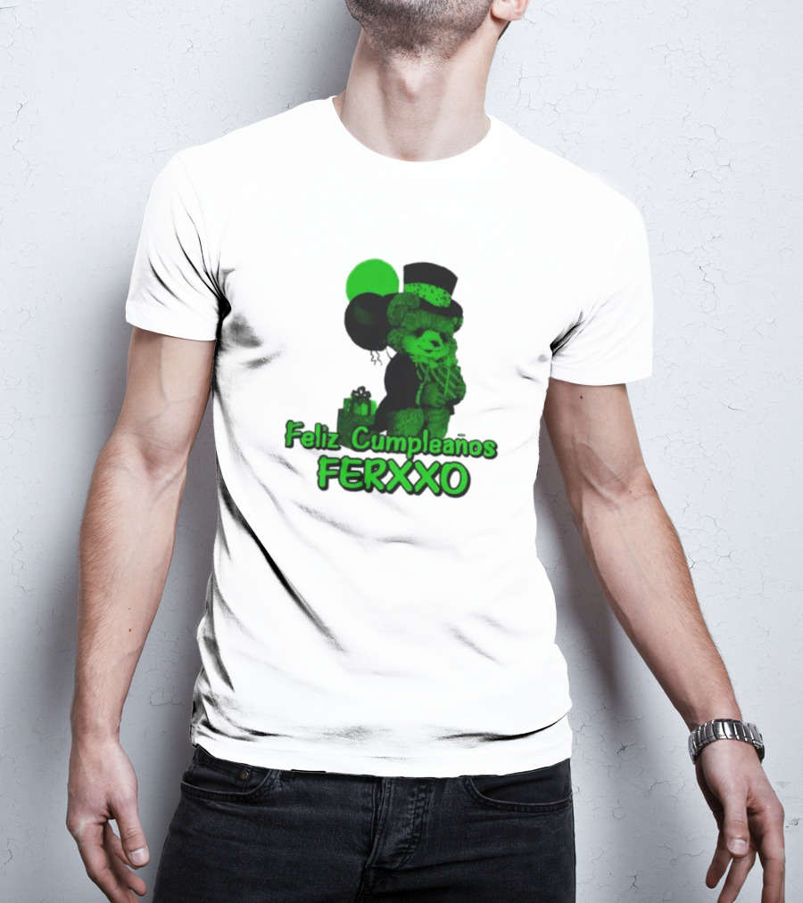 Feliz Cumpleaños Ferxxo Teddy Bear Green Balloons Black Top Hat T-Shirt