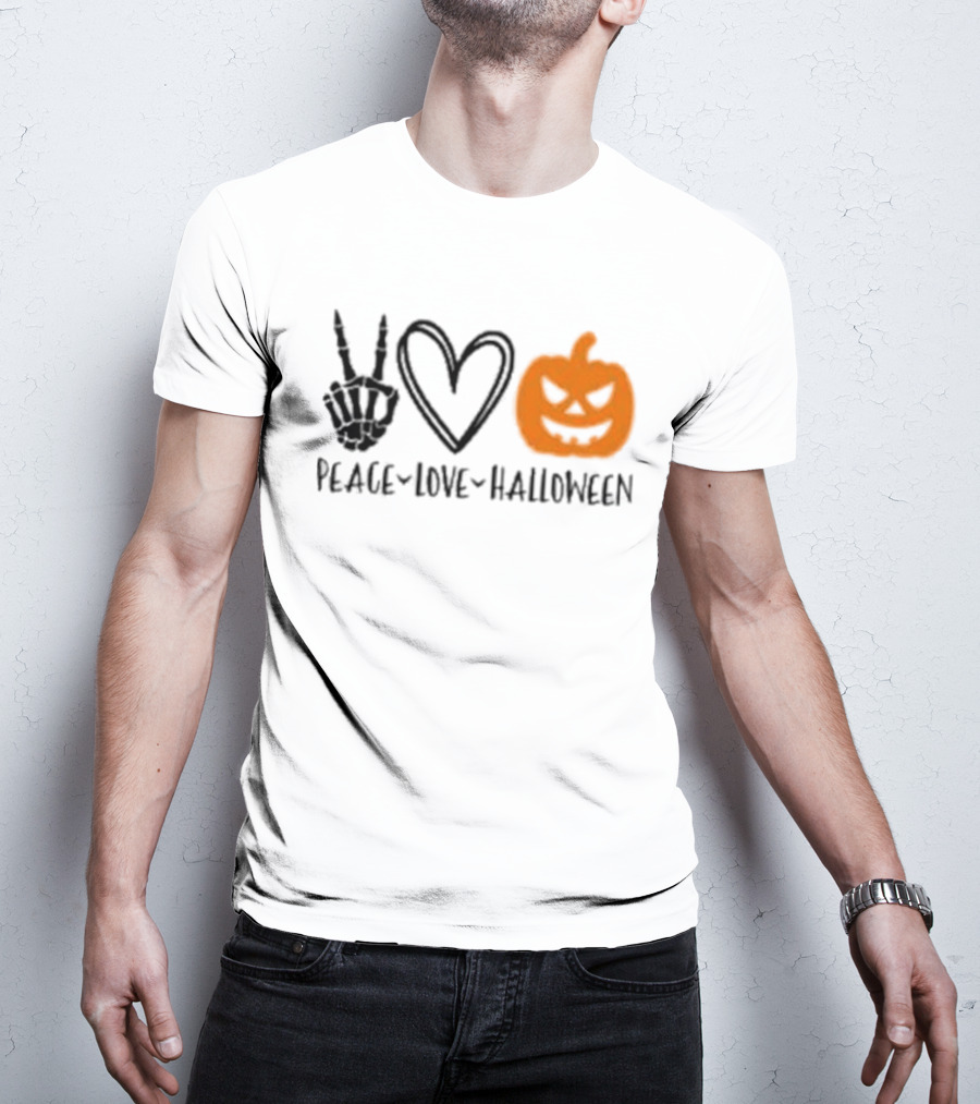 Peace Love Halloween Skeleton Hand Heart Pumpkin T-Shirt