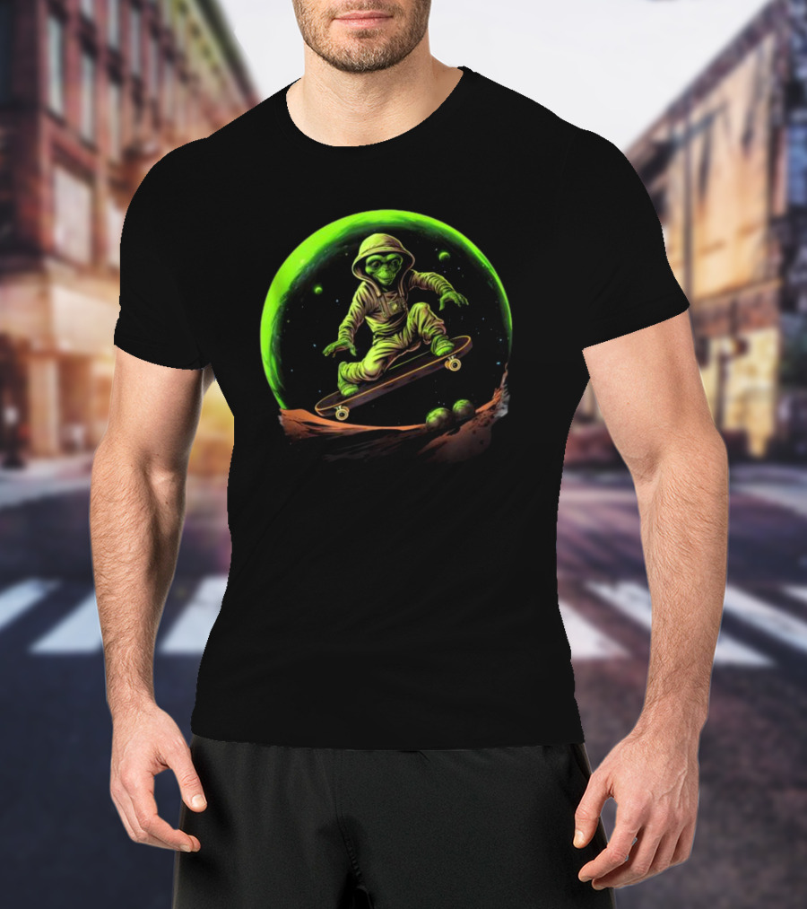 Skateboarding Alien On Saturn's Ring In Outer Space Adventure T-Shirt