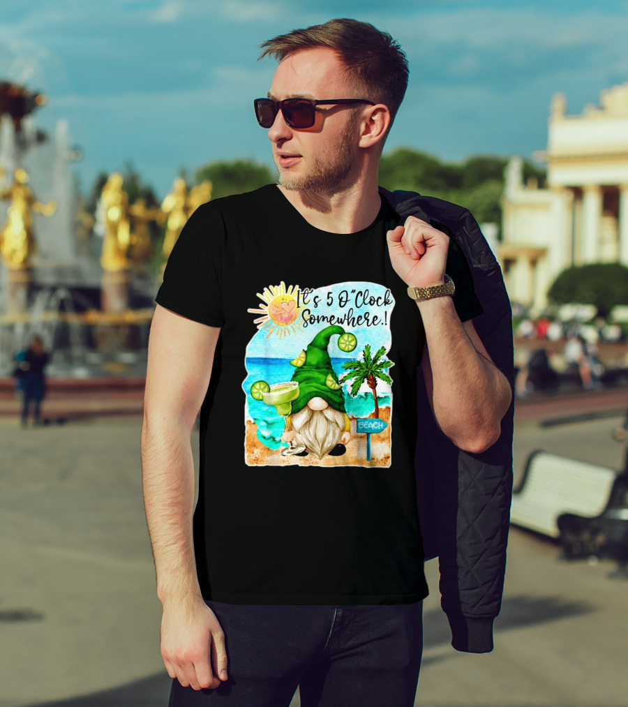 Margarita Gnome It's 5 O'Clock Somewhere Beach Palm Trees T-Shirt