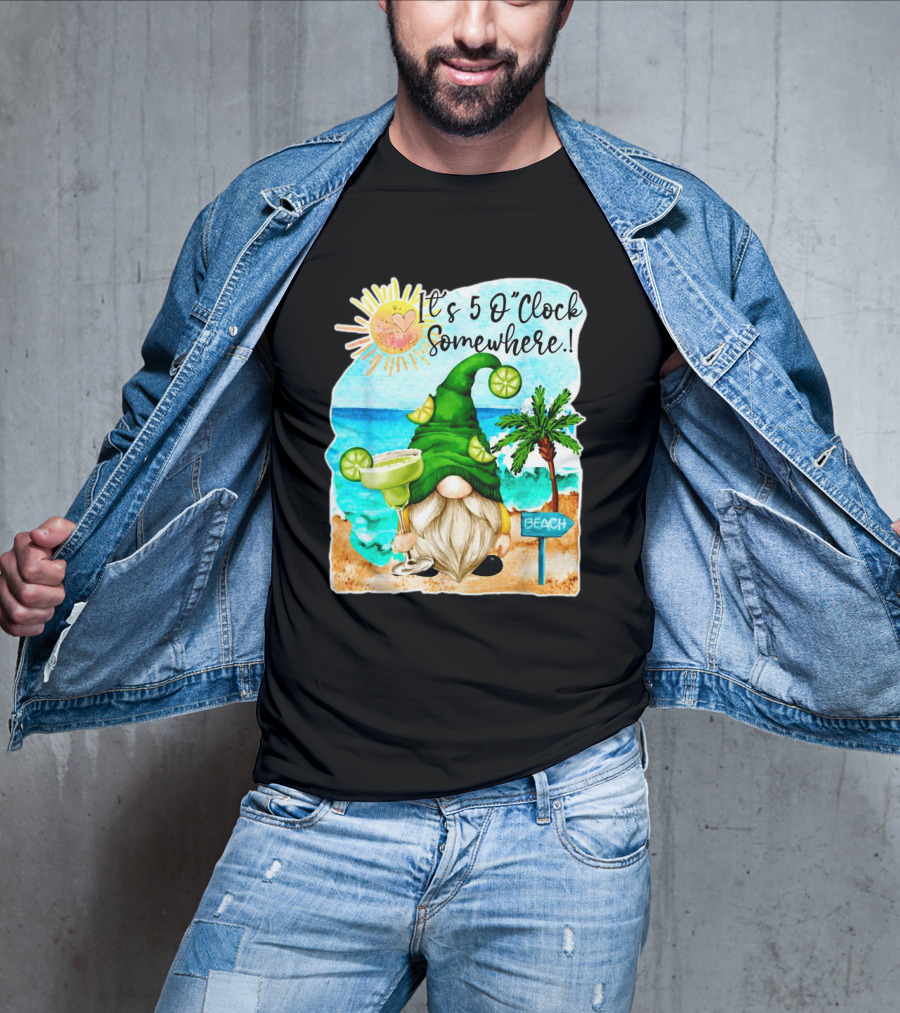 Margarita Gnome It's 5 O'Clock Somewhere Beach Palm Trees T-Shirt