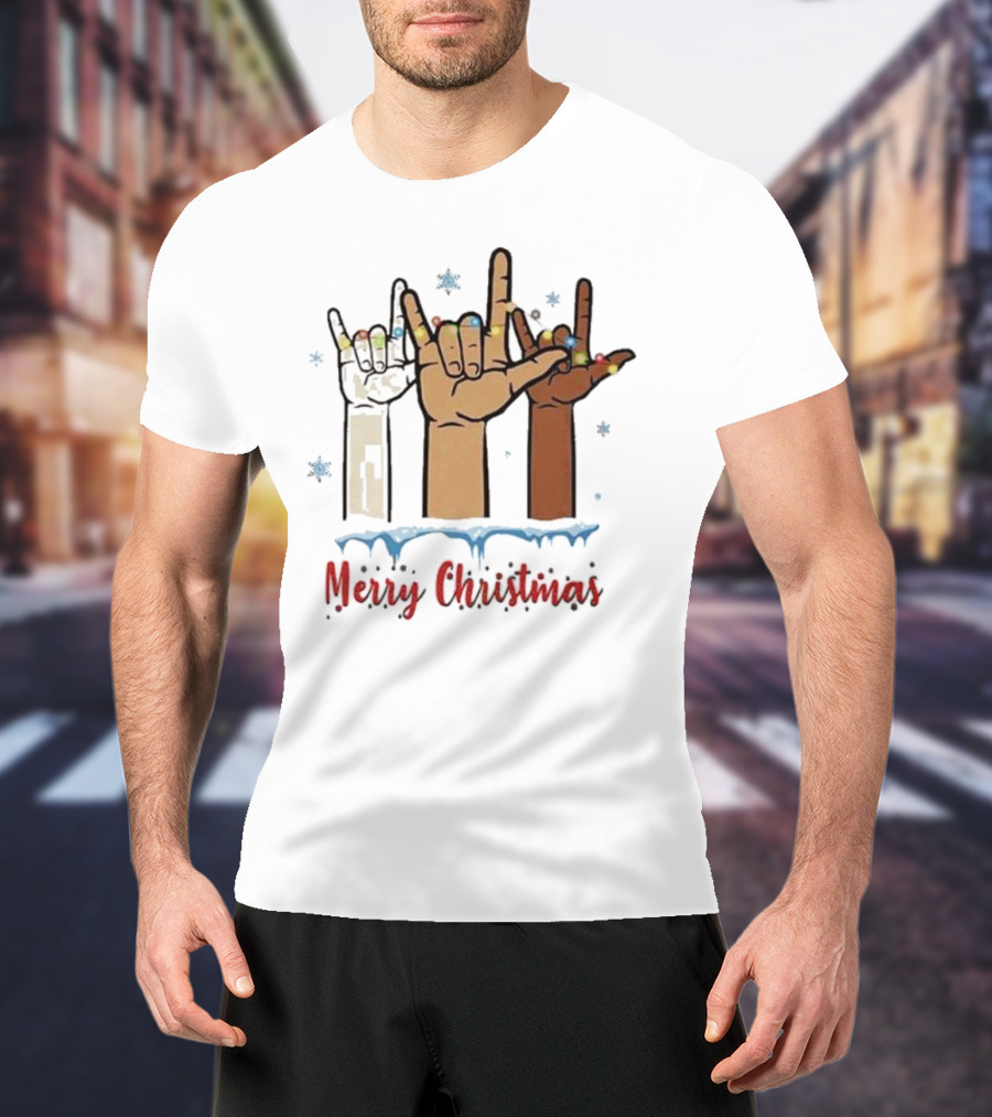 Merry Christmas Hand Sign Language Celebration With Lights And Snowflakes T-Shirt