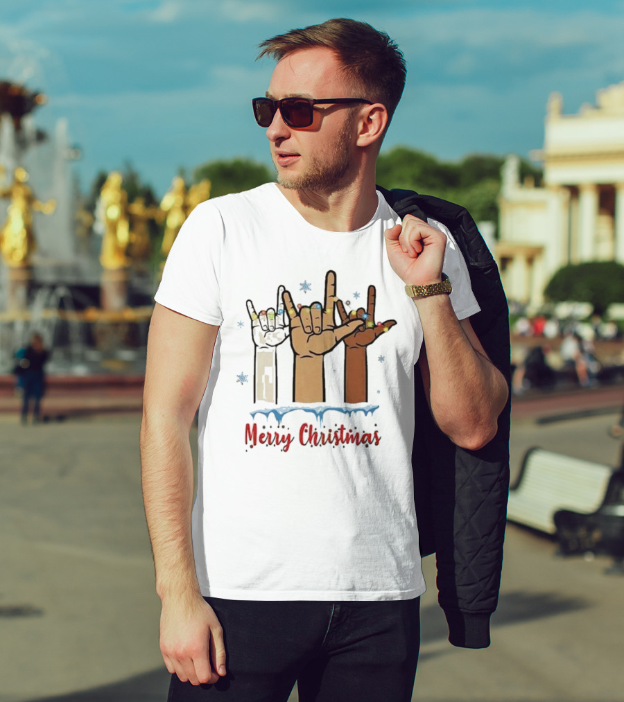 Merry Christmas Hand Sign Language Celebration With Lights And Snowflakes T-Shirt