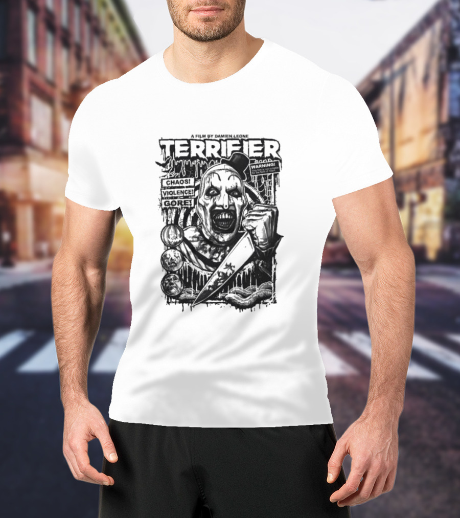 Terrifier Film Cover A Film By Damien Leone Clown Chaos Violence Gore Warning T-Shirt