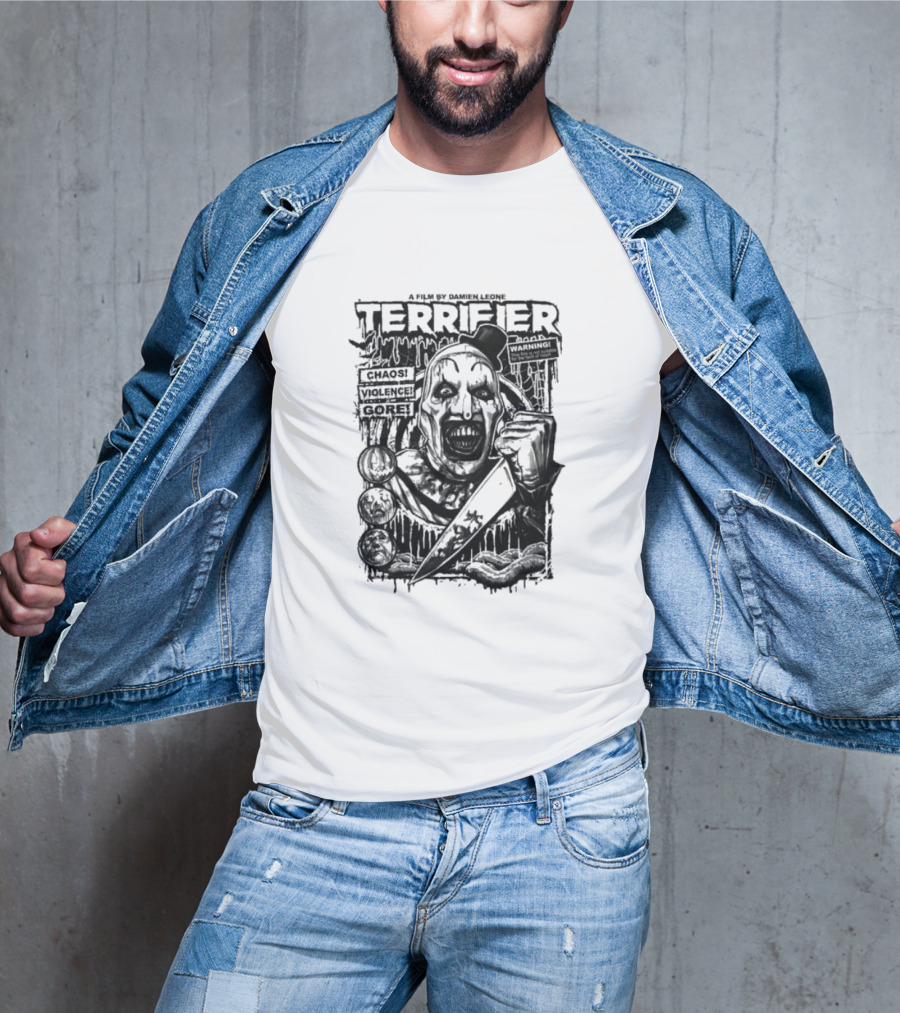Terrifier Film Cover A Film By Damien Leone Clown Chaos Violence Gore Warning T-Shirt