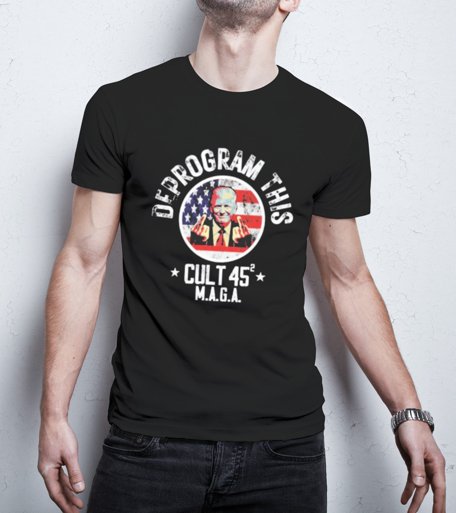 Deprogram This Cult 45 MAGA American Flag Middle Finger T-Shirt