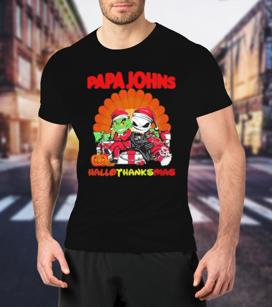 Papa Johns Baby Grinch Baby Jack Skellington HalloThanksMas T-Shirt