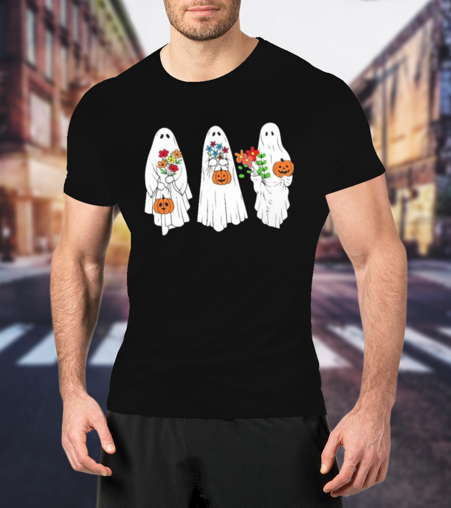 Floral Ghost Pumpkin Halloween Trio With Colorful Bouquet T-Shirt
