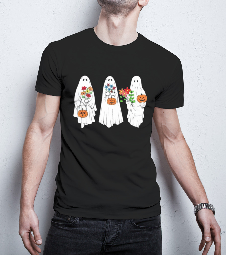 Floral Ghost Pumpkin Halloween Trio With Colorful Bouquet T-Shirt
