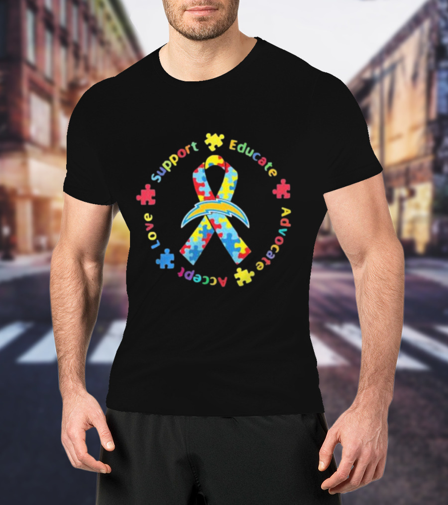 Los Angeles Chargers Autism Puzzle Ribbon Support Educate Advocate Accept Love T-Shirt