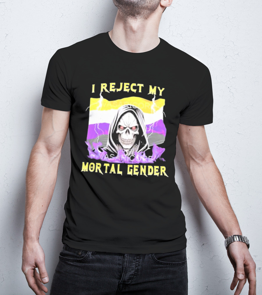 I Reject My Mortal Gender Nonbinary Skull With Hood And Lightning T-Shirt