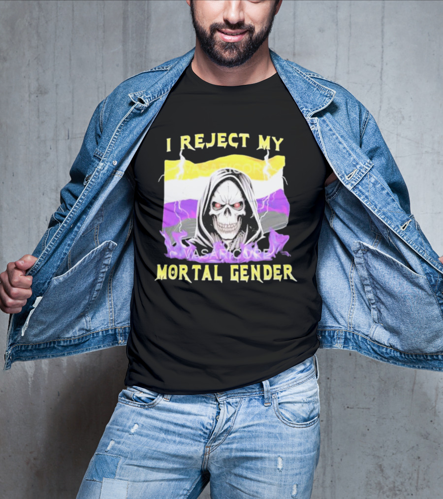 I Reject My Mortal Gender Nonbinary Skull With Hood And Lightning T-Shirt