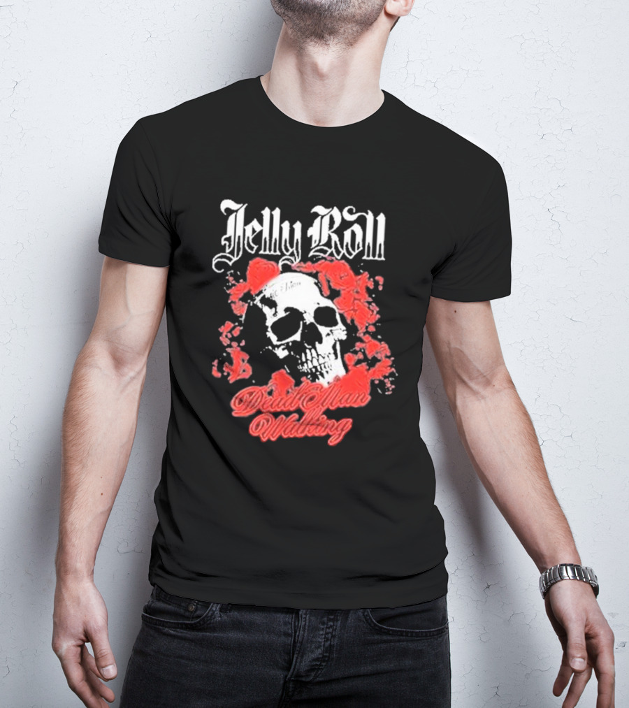 Jelly Roll Dead Man Walking Black Floral Skull Roses T-Shirt