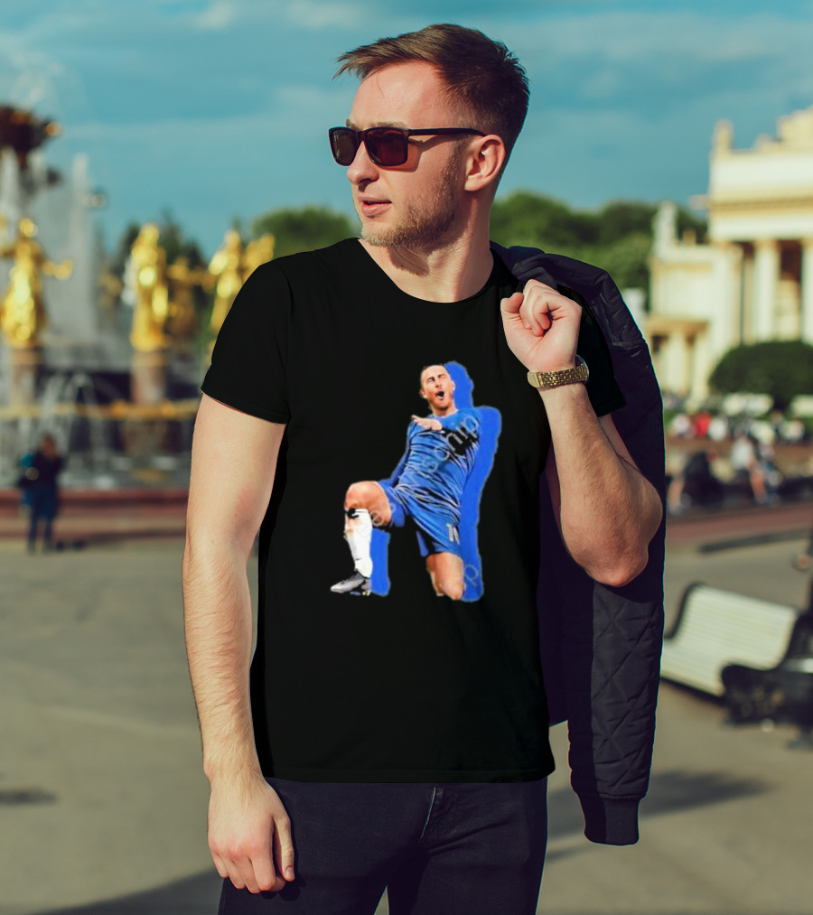 The By Line Show Garden Of Eden Celebration Pose Soccer Player In Blue Jersey T-Shirt