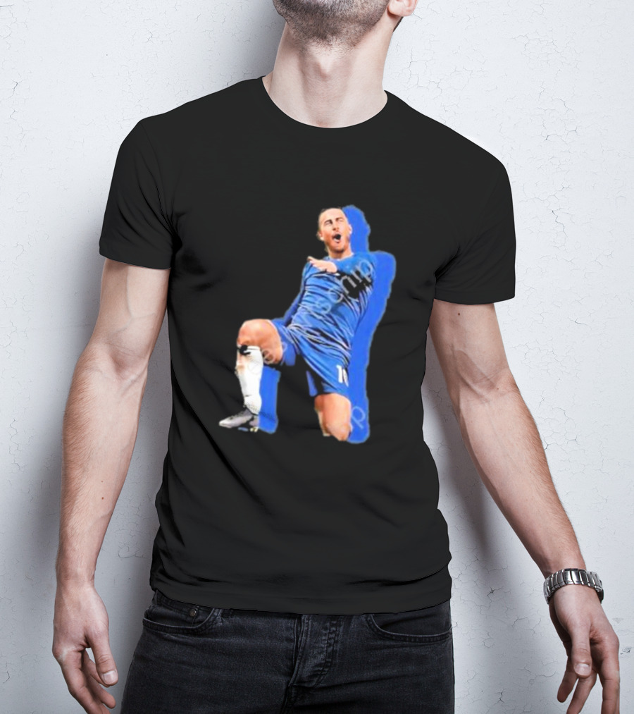 The By Line Show Garden Of Eden Celebration Pose Soccer Player In Blue Jersey T-Shirt