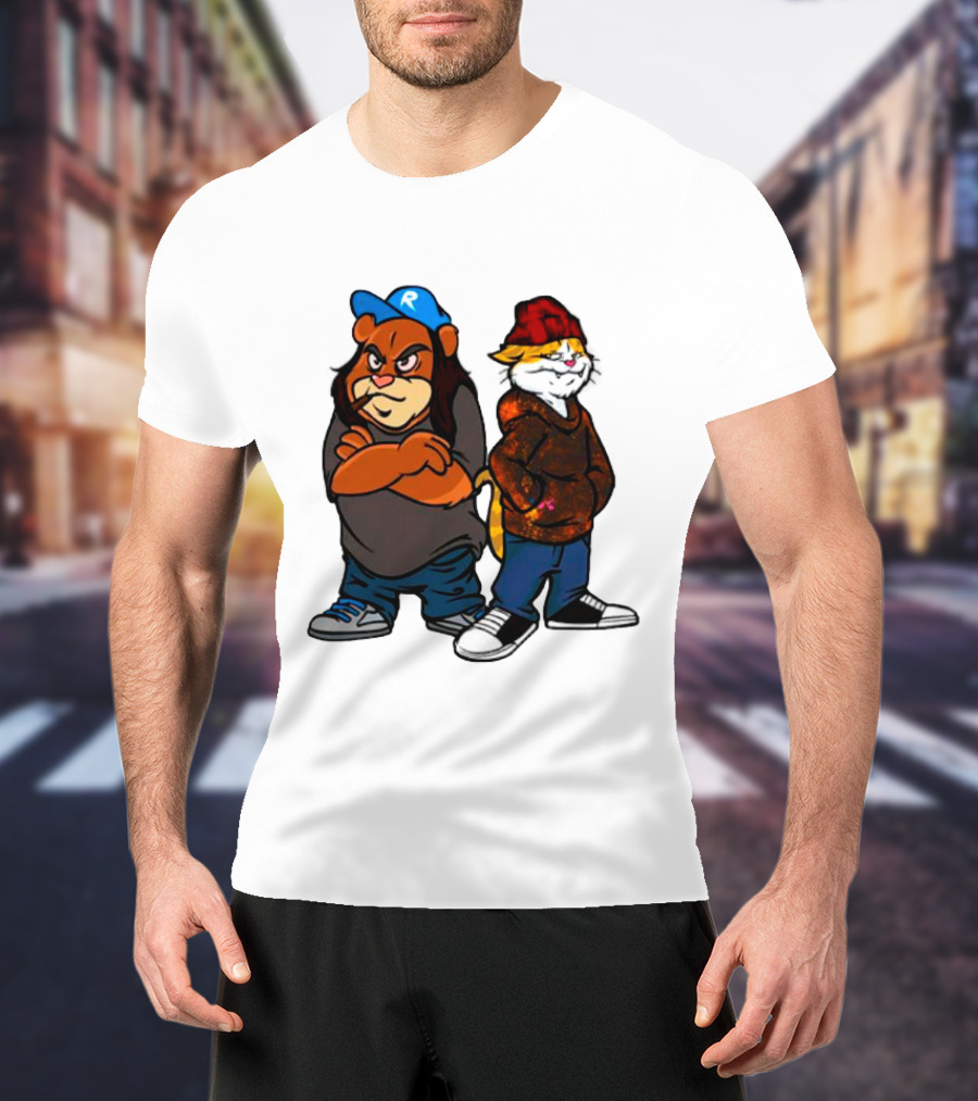 Phobik X Ratchet Cartoon Bear In Blue Cap And Cat In Red Beanie T-Shirt