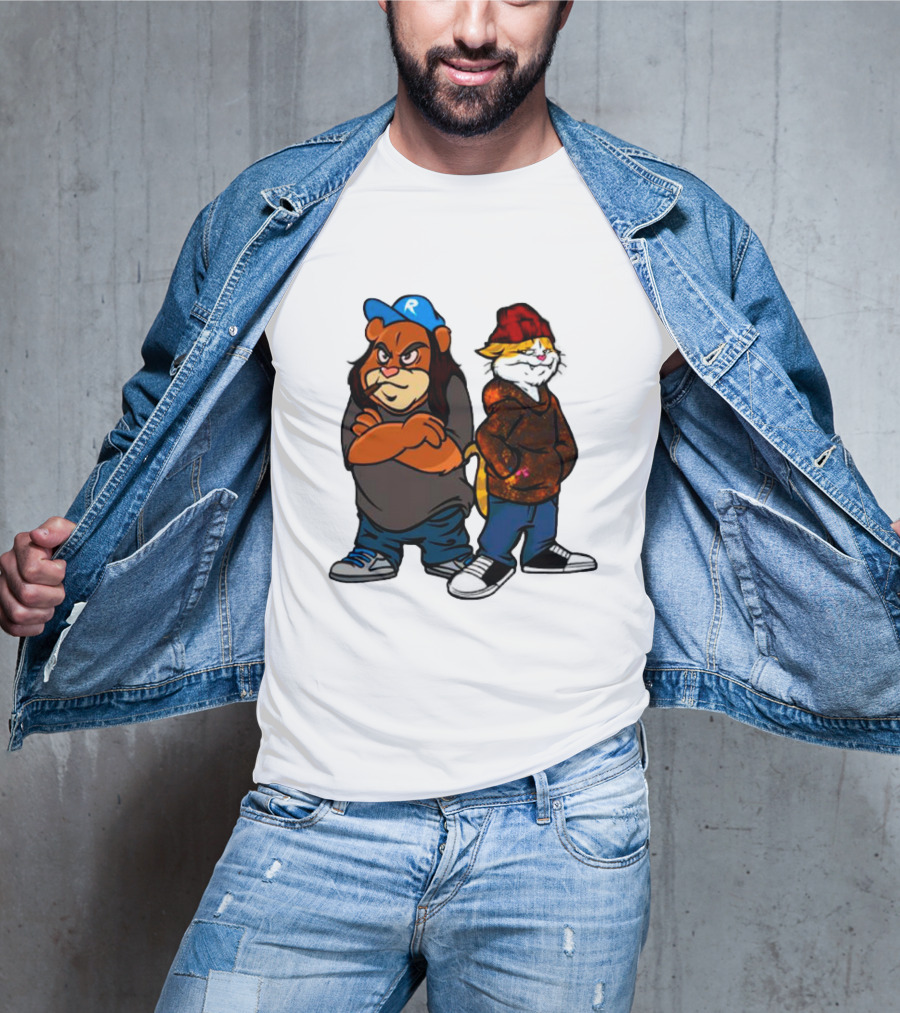 Phobik X Ratchet Cartoon Bear In Blue Cap And Cat In Red Beanie T-Shirt