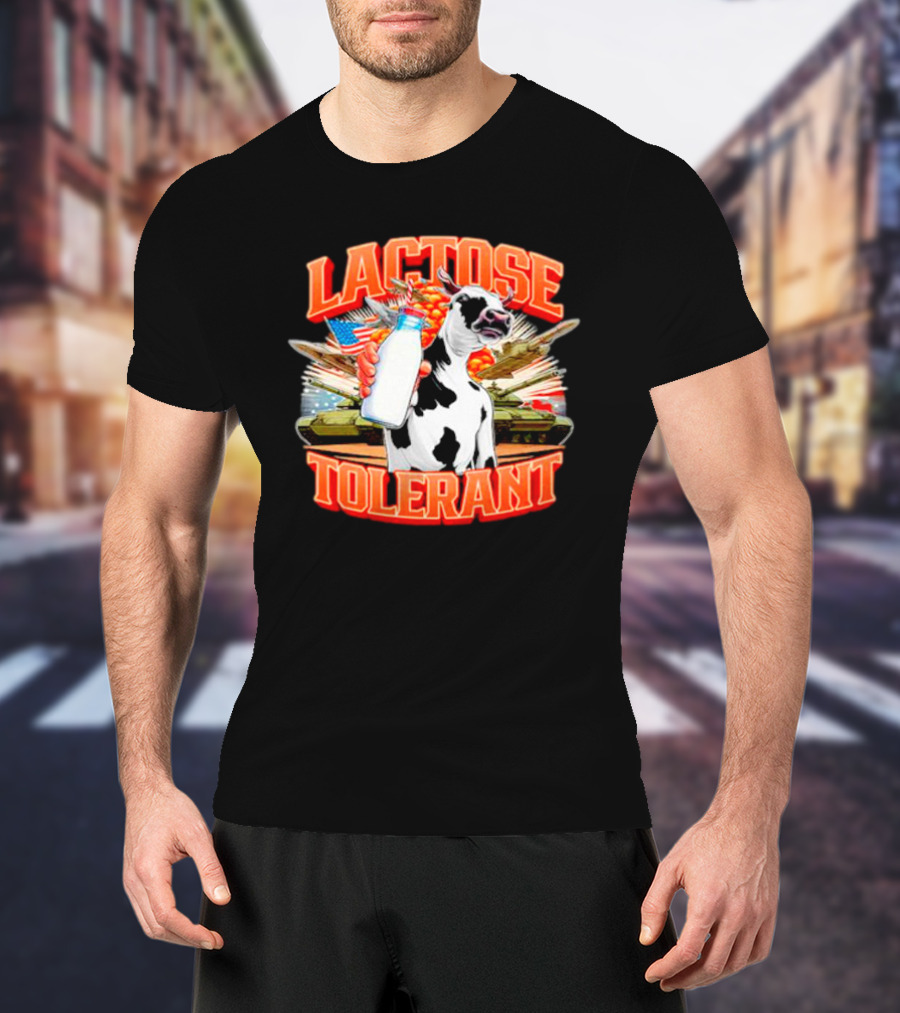 Lactose Tolerant Cow Holding Milk With Explosions And Tanks T-Shirt