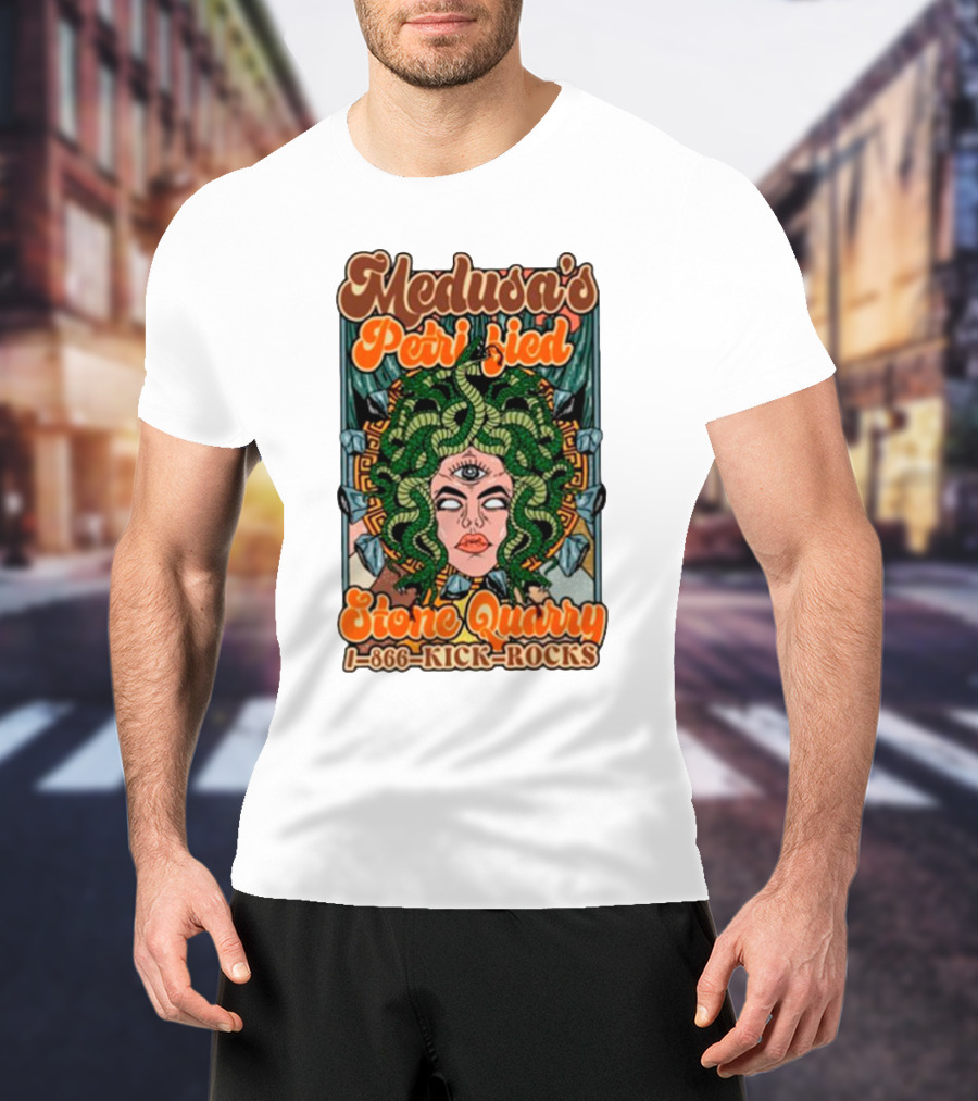 Medusa's Petrified Stone Quarry 1-866-Kick-Rocks Serpentine Gorgon Face With Third Eye And Stone Background T-Shirt