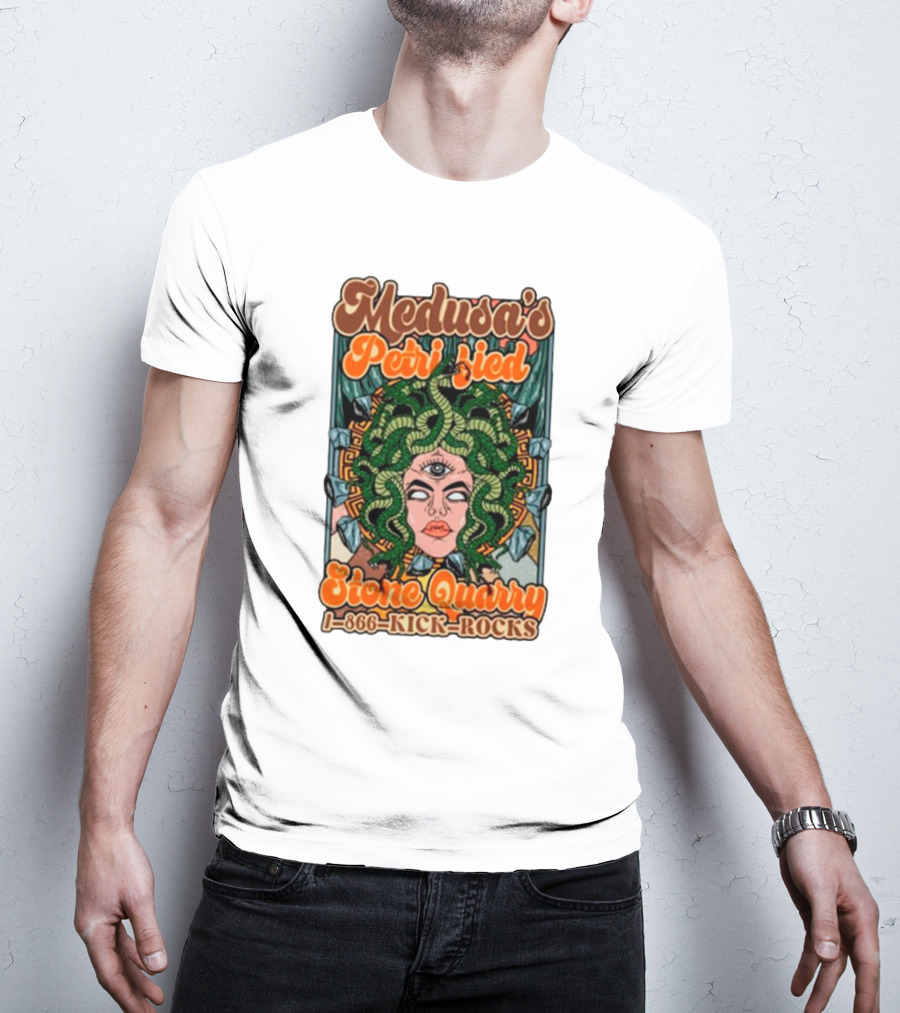Medusa's Petrified Stone Quarry 1-866-Kick-Rocks Serpentine Gorgon Face With Third Eye And Stone Background T-Shirt