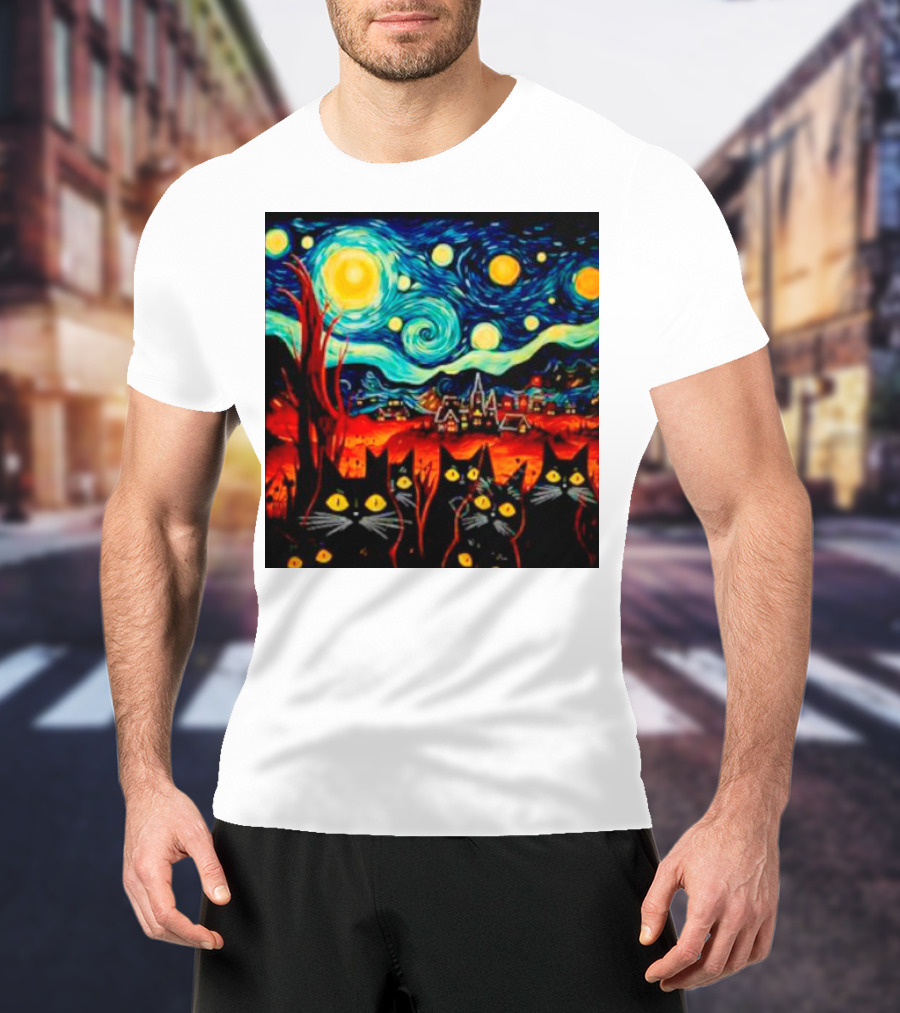 Starry Night Black Cat Van Gogh T-Shirt