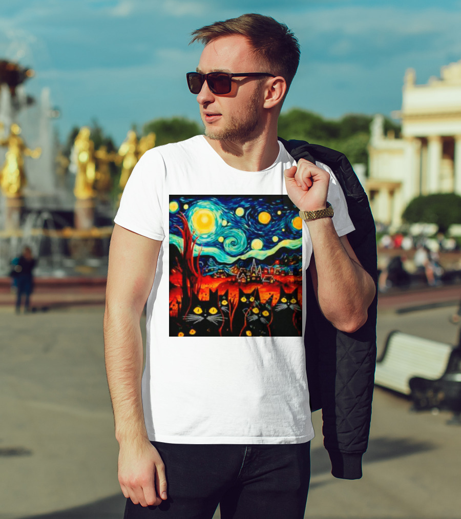 Starry Night Black Cat Van Gogh T-Shirt