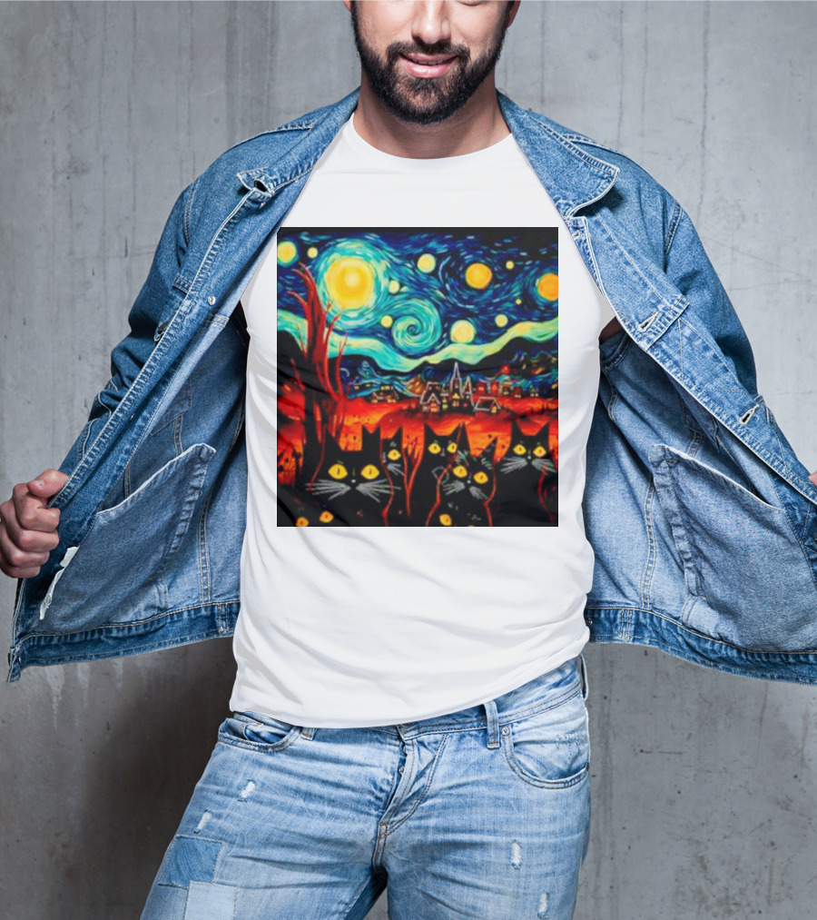 Starry Night Black Cat Van Gogh T-Shirt