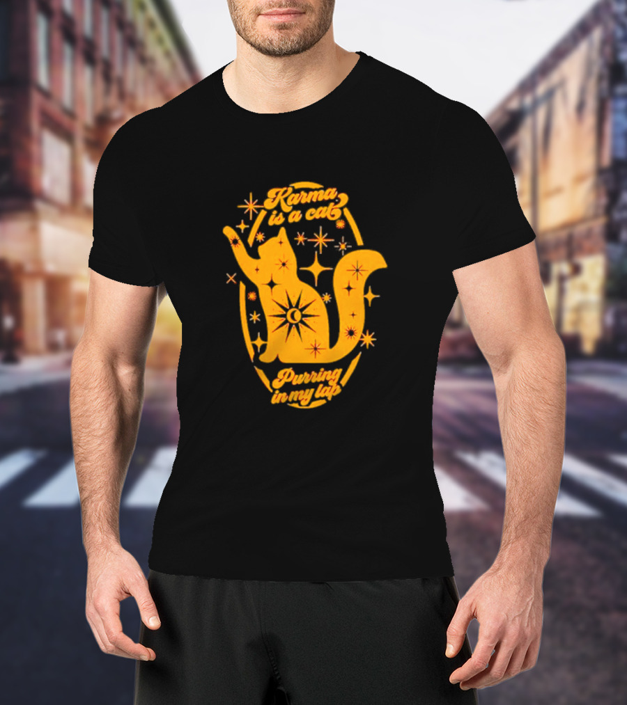 Karma Is A Cat Purring In My Lap With Celestial Stars And Moon T-Shirt