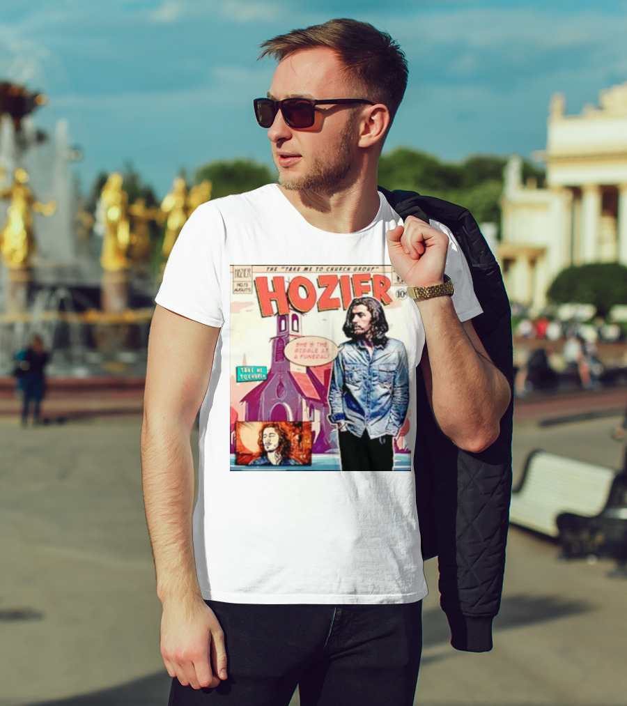 Hozier The Take Me To Church Group Comic Style With Giggle At A Funeral Text T-Shirt