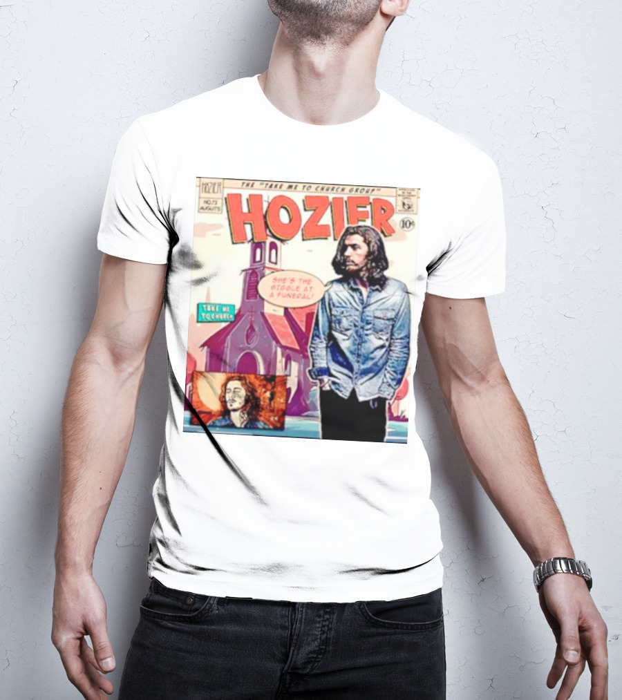 Hozier The Take Me To Church Group Comic Style With Giggle At A Funeral Text T-Shirt