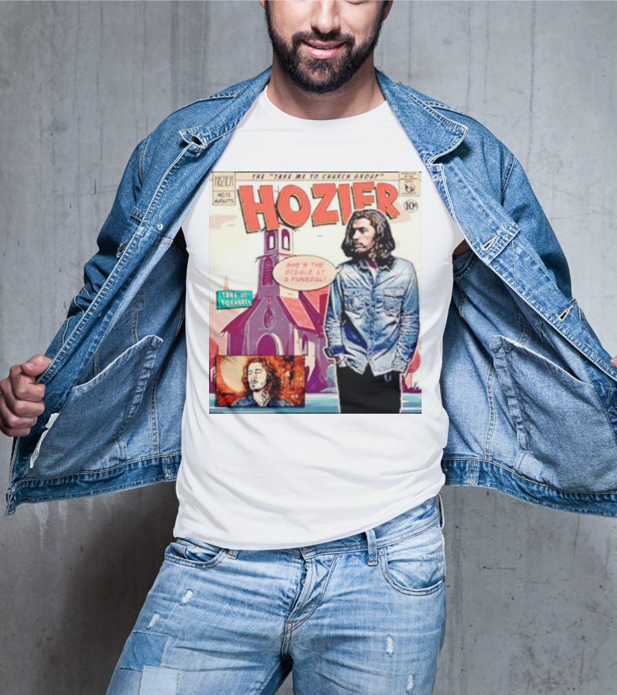 Hozier The Take Me To Church Group Comic Style With Giggle At A Funeral Text T-Shirt