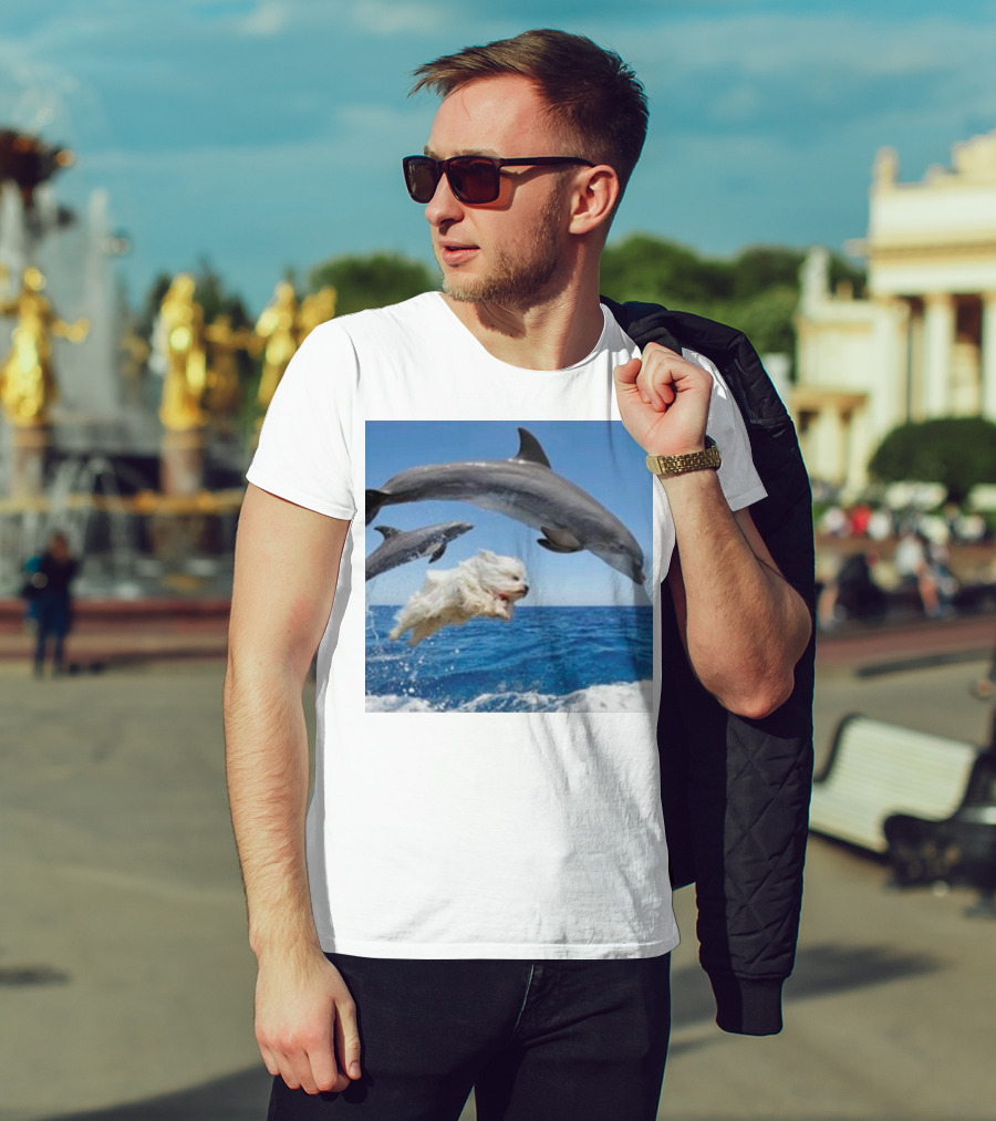 Dog Diving With Dolphins In Ocean T-Shirt