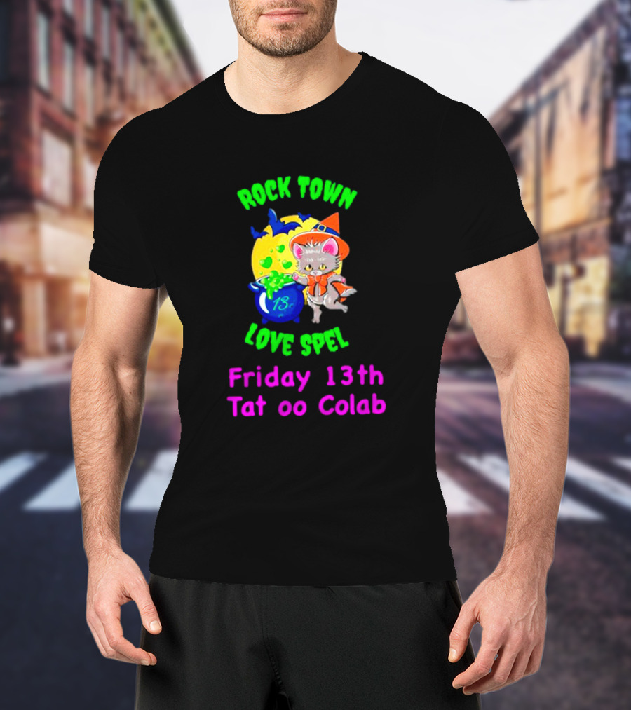 Rock Town Love Spell Friday 13th Tattoo Collab Cat Pumpkin Moon T-Shirt