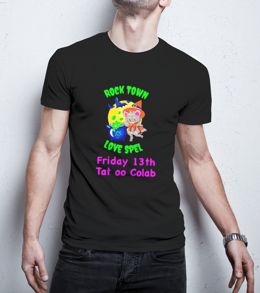 Rock Town Love Spell Friday 13th Tattoo Collab Cat Pumpkin Moon T-Shirt