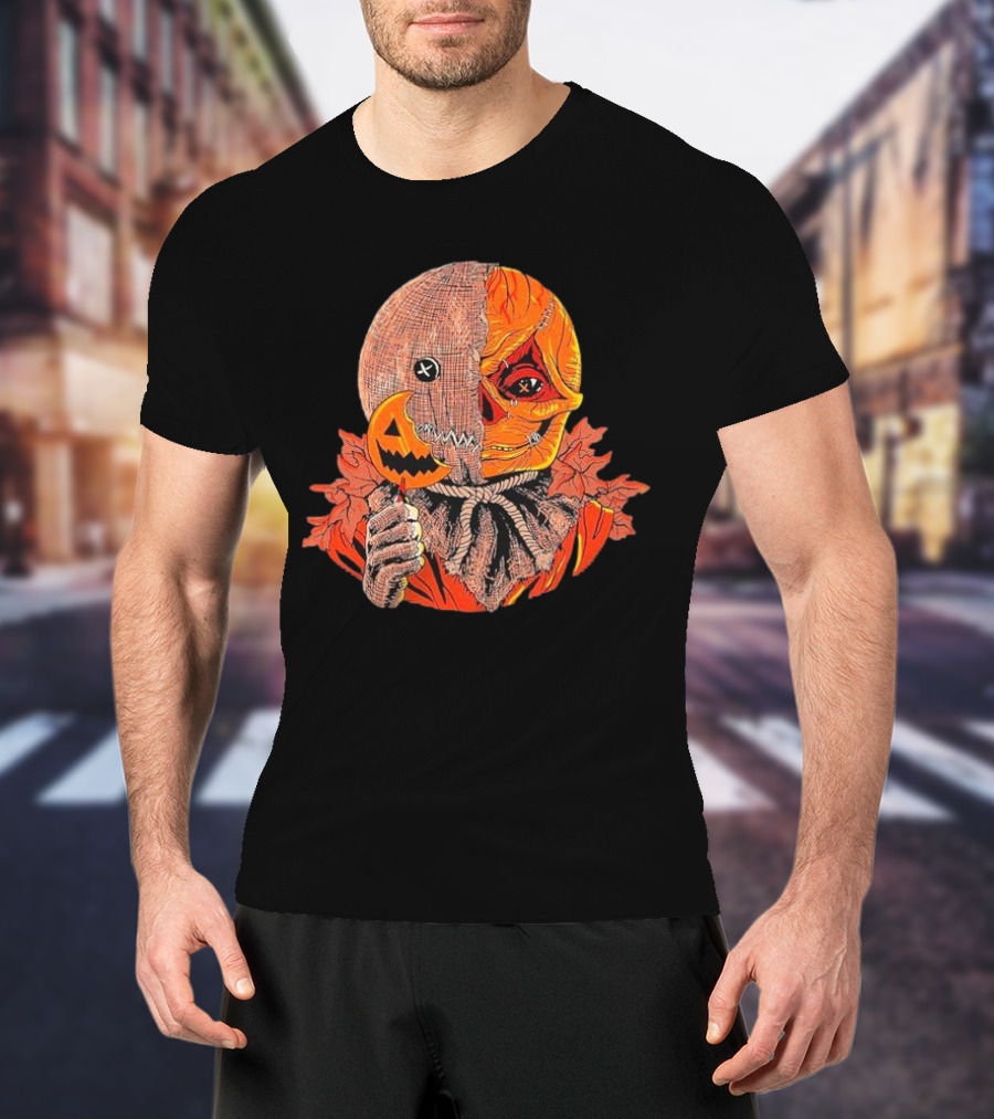 Horrors Of Halloween Trick R Treat Pumpkin Skull Mask T-Shirt