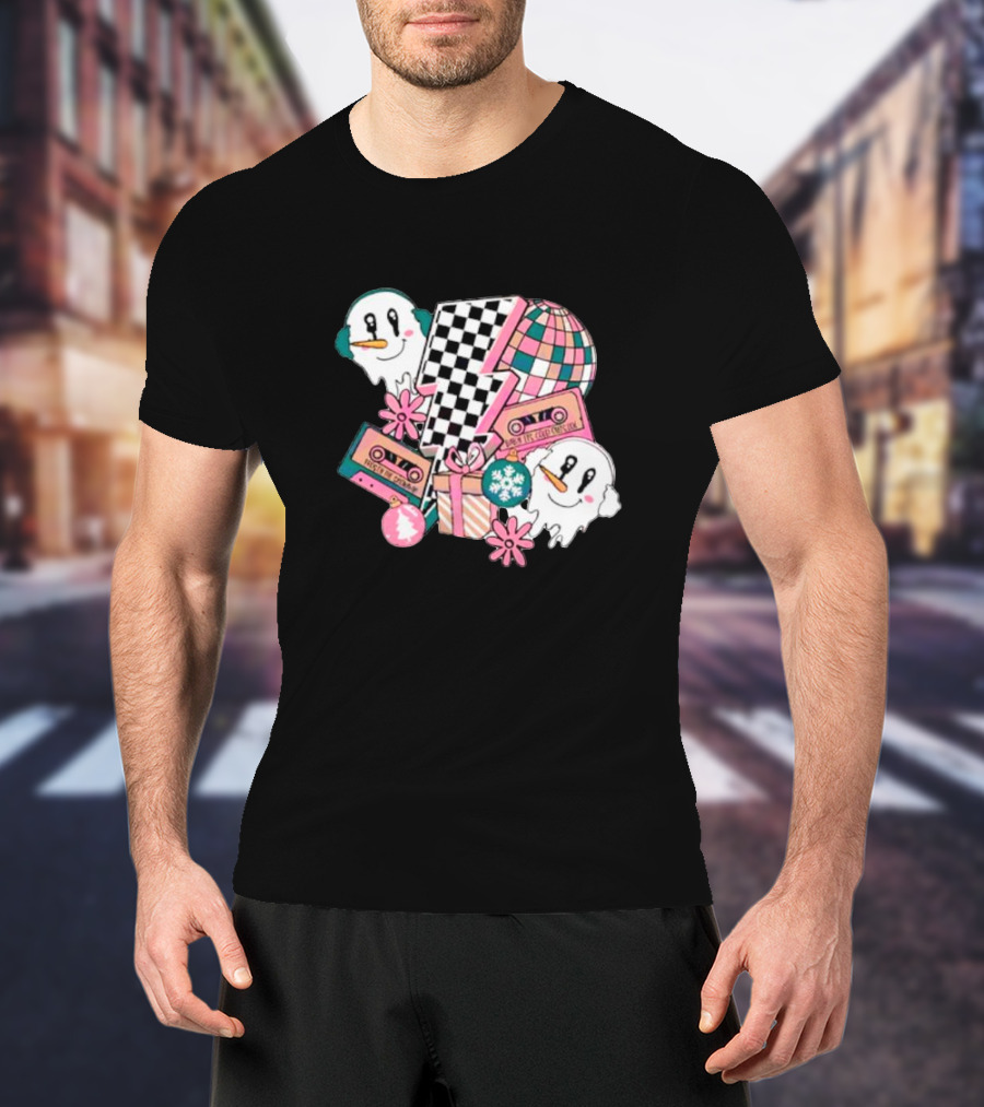 Christmas Lightning Bolt Snowman Retro Ghost Disco Cassette T-Shirt