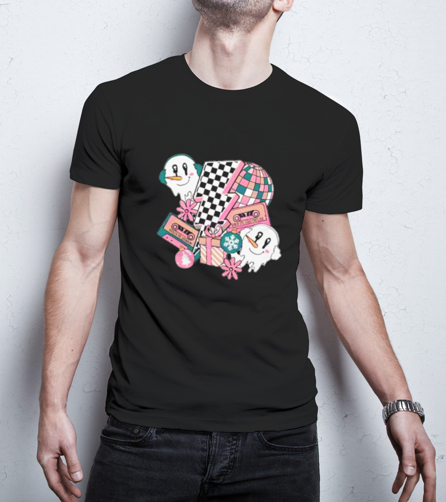 Christmas Lightning Bolt Snowman Retro Ghost Disco Cassette T-Shirt