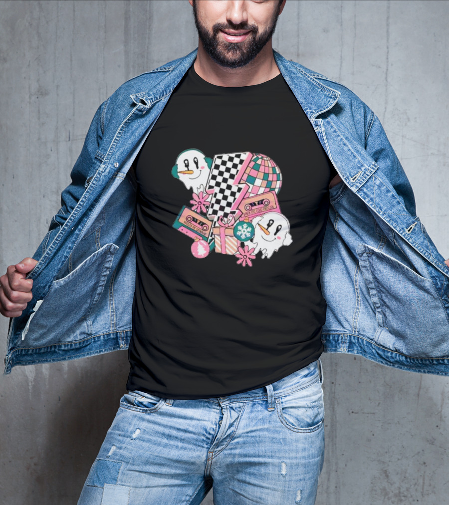 Christmas Lightning Bolt Snowman Retro Ghost Disco Cassette T-Shirt