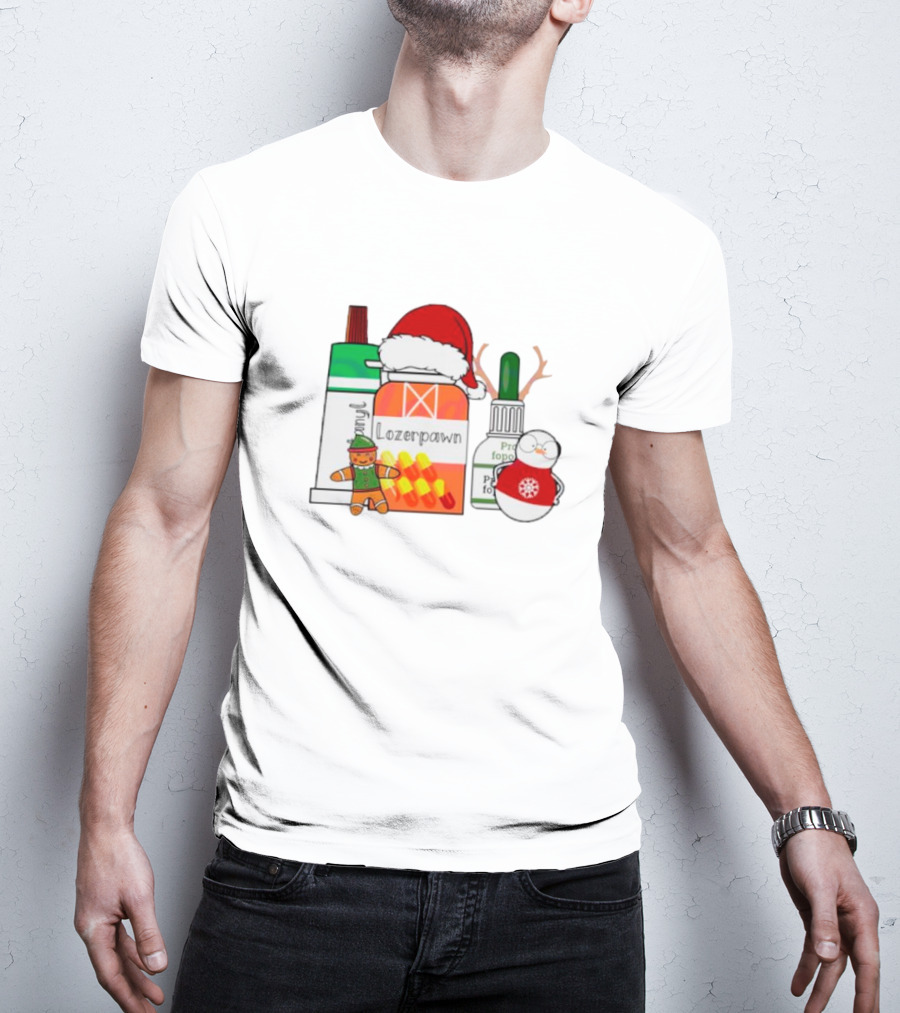 Christmas Pharmacy Technician Santa Hat Pill Bottles Gingerbread Snowman T-Shirt