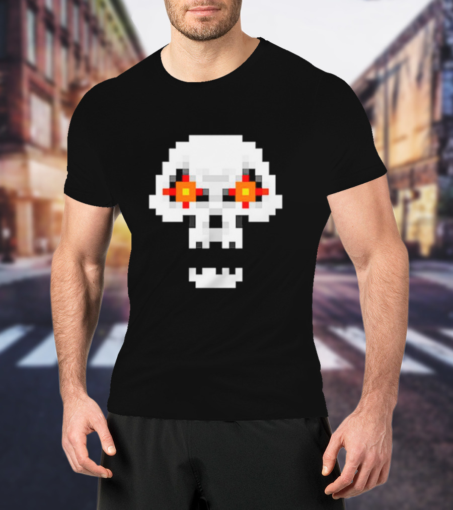 Crossing Skull Log Pixelated Gaming Skull With Red-Eyed Glare T-Shirt
