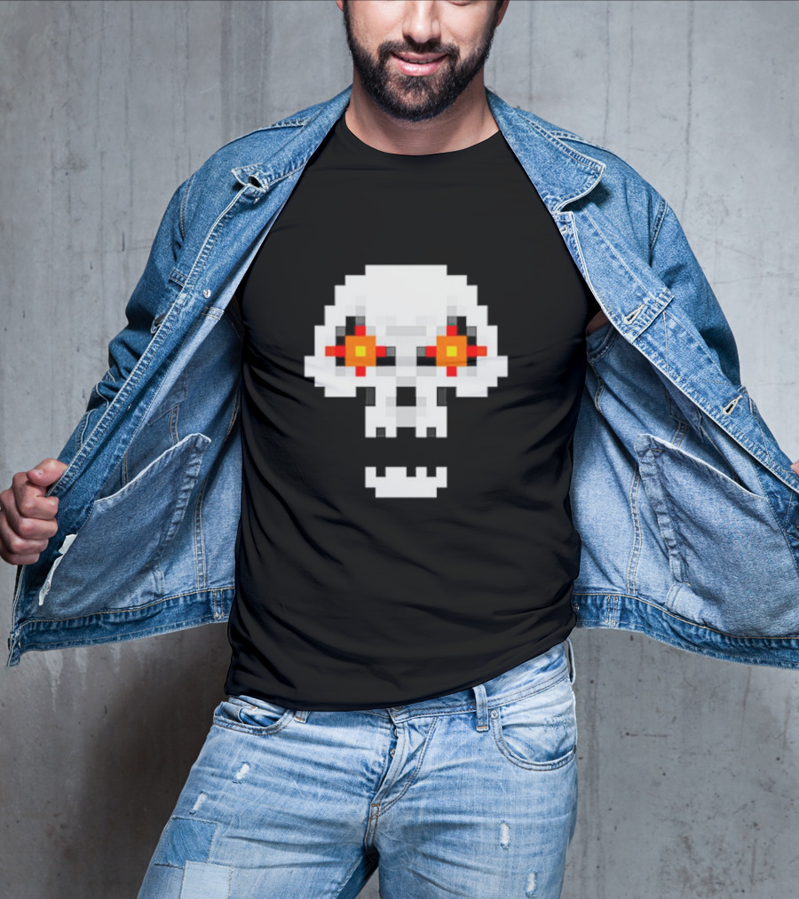 Crossing Skull Log Pixelated Gaming Skull With Red-Eyed Glare T-Shirt