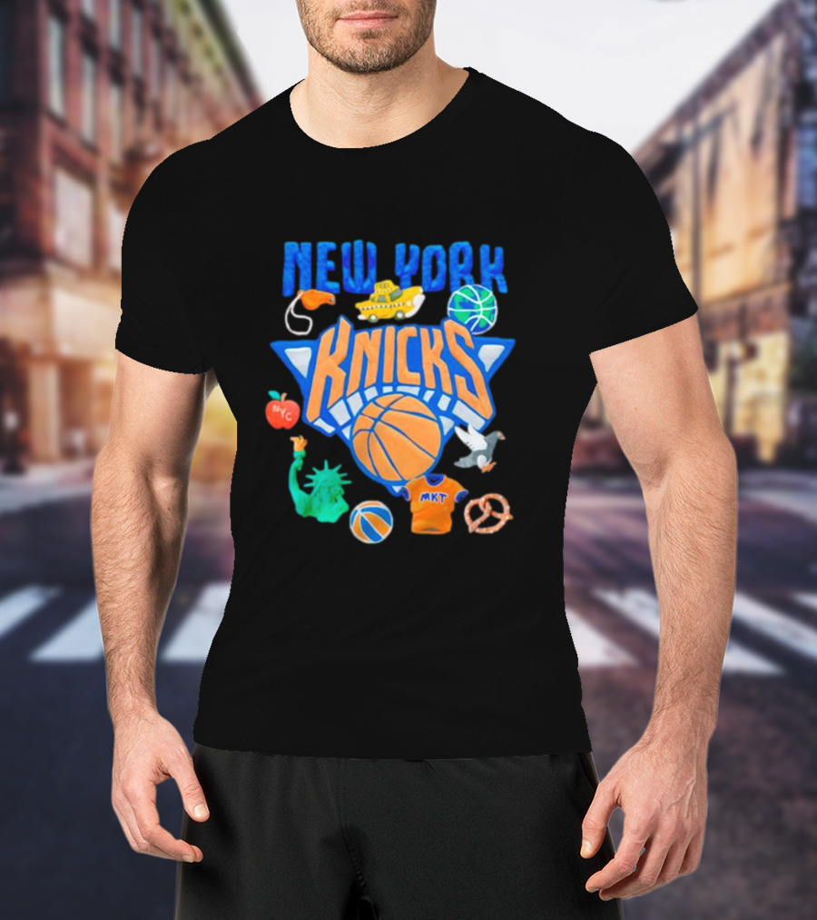 New York Knicks NBA Basketball Claymation NYC Statue Liberty Apple Pizza Taxi Pretzel Pigeon T-Shirt