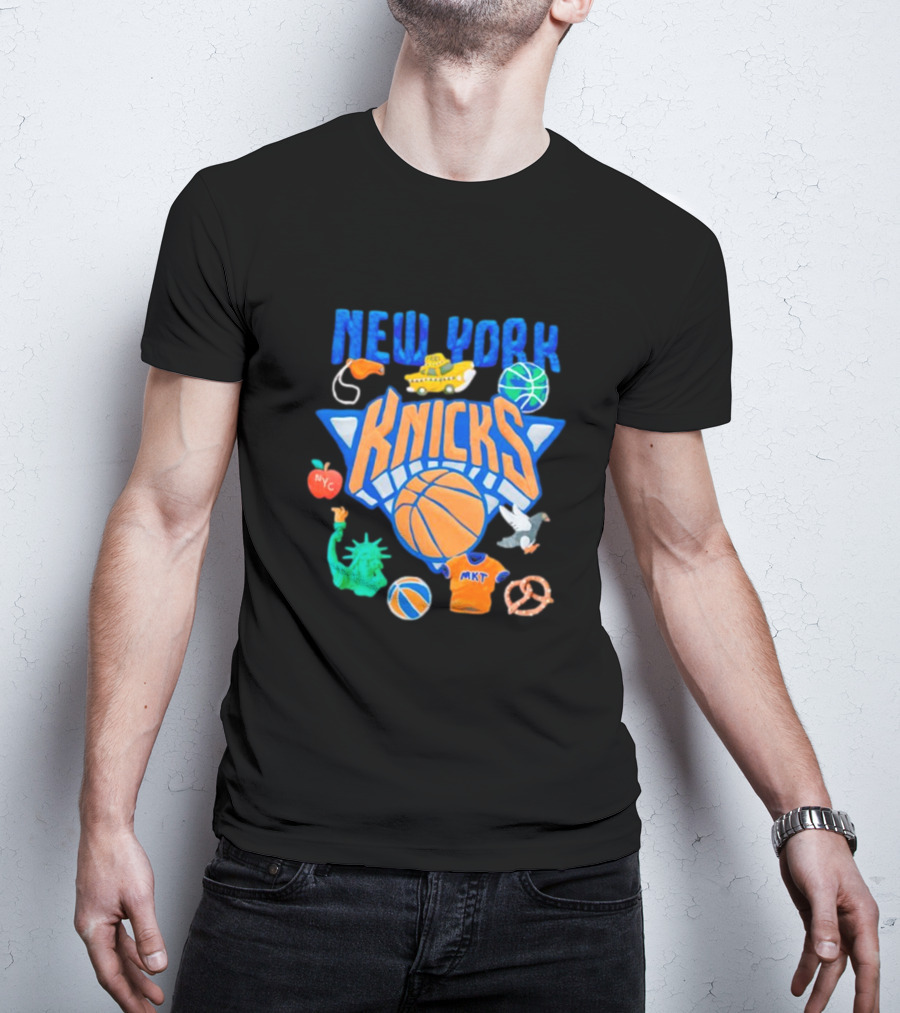 New York Knicks NBA Basketball Claymation NYC Statue Liberty Apple Pizza Taxi Pretzel Pigeon T-Shirt