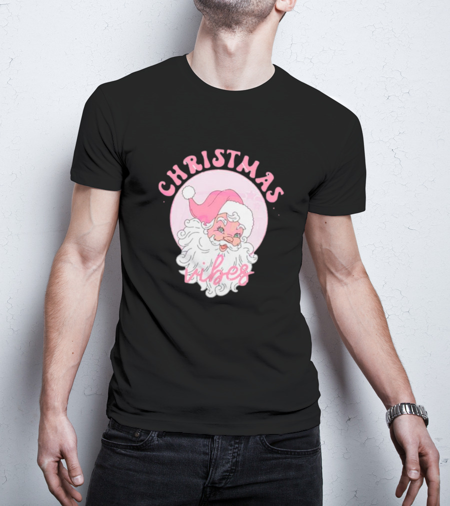 Christmas Vibes Santa Claus Pink Background T-Shirt