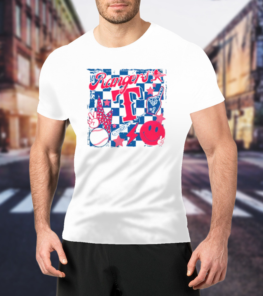 Rangers T Large Checkerboard Stars Baseball Smiley Lightning Peace T-Shirt