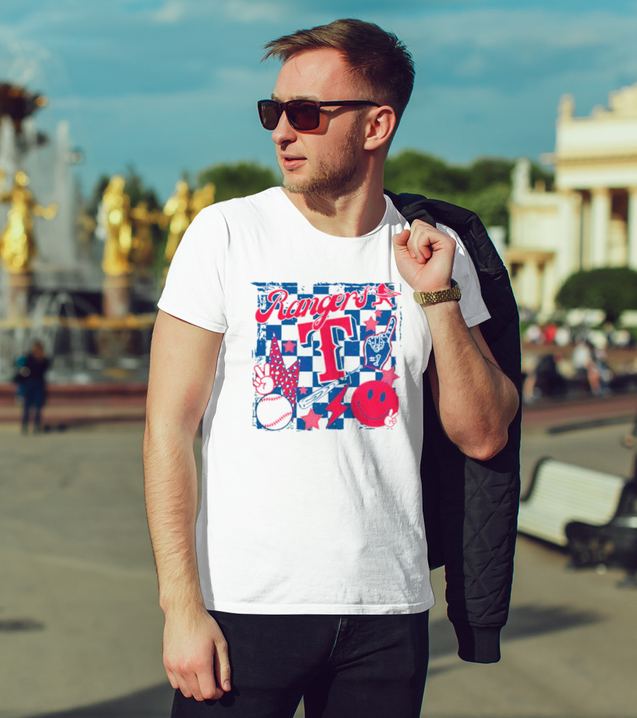 Rangers T Large Checkerboard Stars Baseball Smiley Lightning Peace T-Shirt
