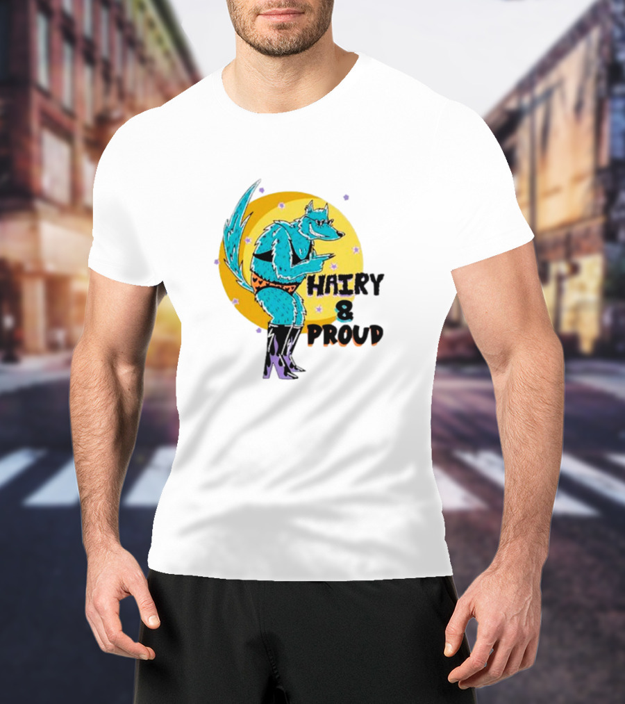 Wofl Hairy And Proud: Blue Wolf Character With Moon Background And Stars T-Shirt