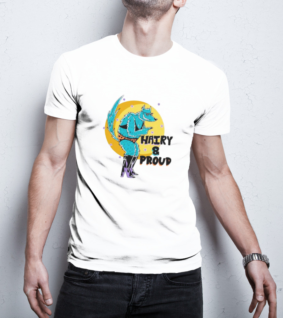 Wofl Hairy And Proud: Blue Wolf Character With Moon Background And Stars T-Shirt