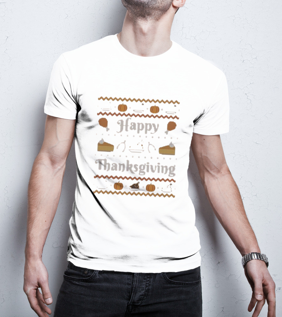 Happy Thanksgiving Pumpkin Pie Turkey Cross-Stitch T-Shirt